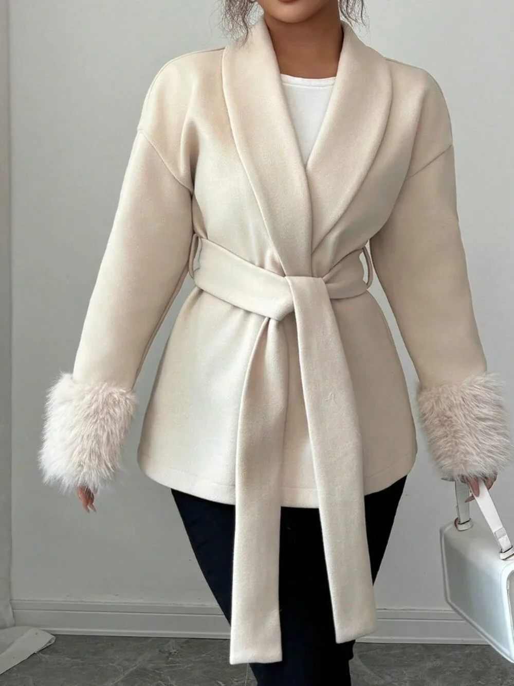 Beige Casual Women's Faux Fur Trim Tie-Front Collared Long Sleeve Woven Coat